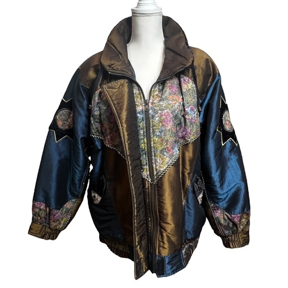 VTG 90's Braetan Patchwork Floral Ski Jacket SZ Large Metallic Turquoise Brown - Picture 7 of 12